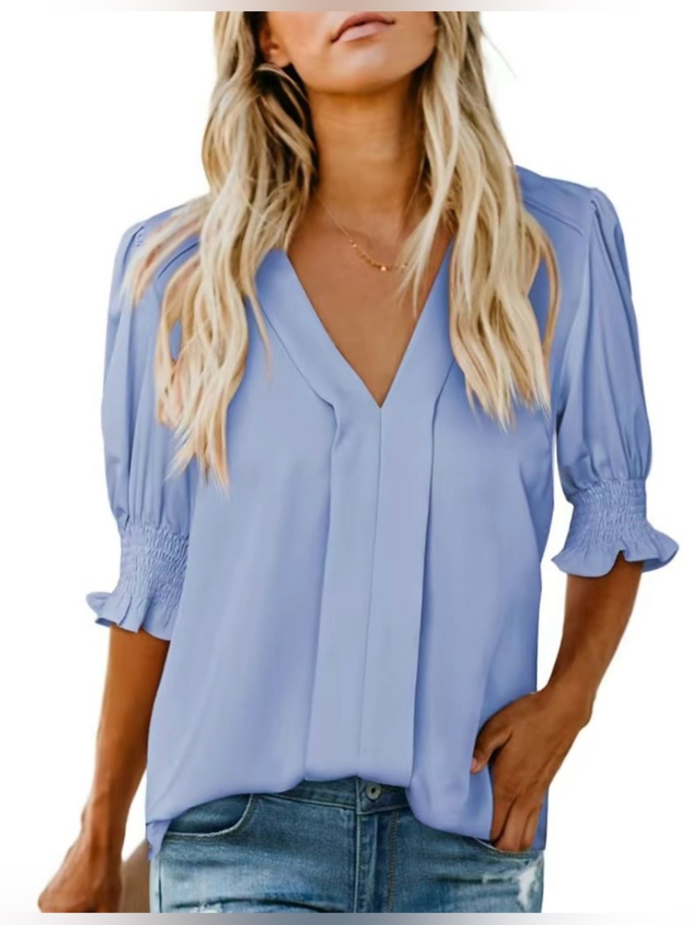 Women's Light Blue V-Neck Smocked Sleeve Blouse by
